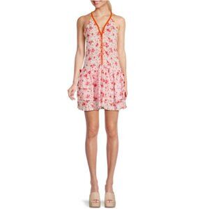 Poupette St Barth 'Bety V' Ruffle-Trim Floral Mini Dress, White/Red Watercolor